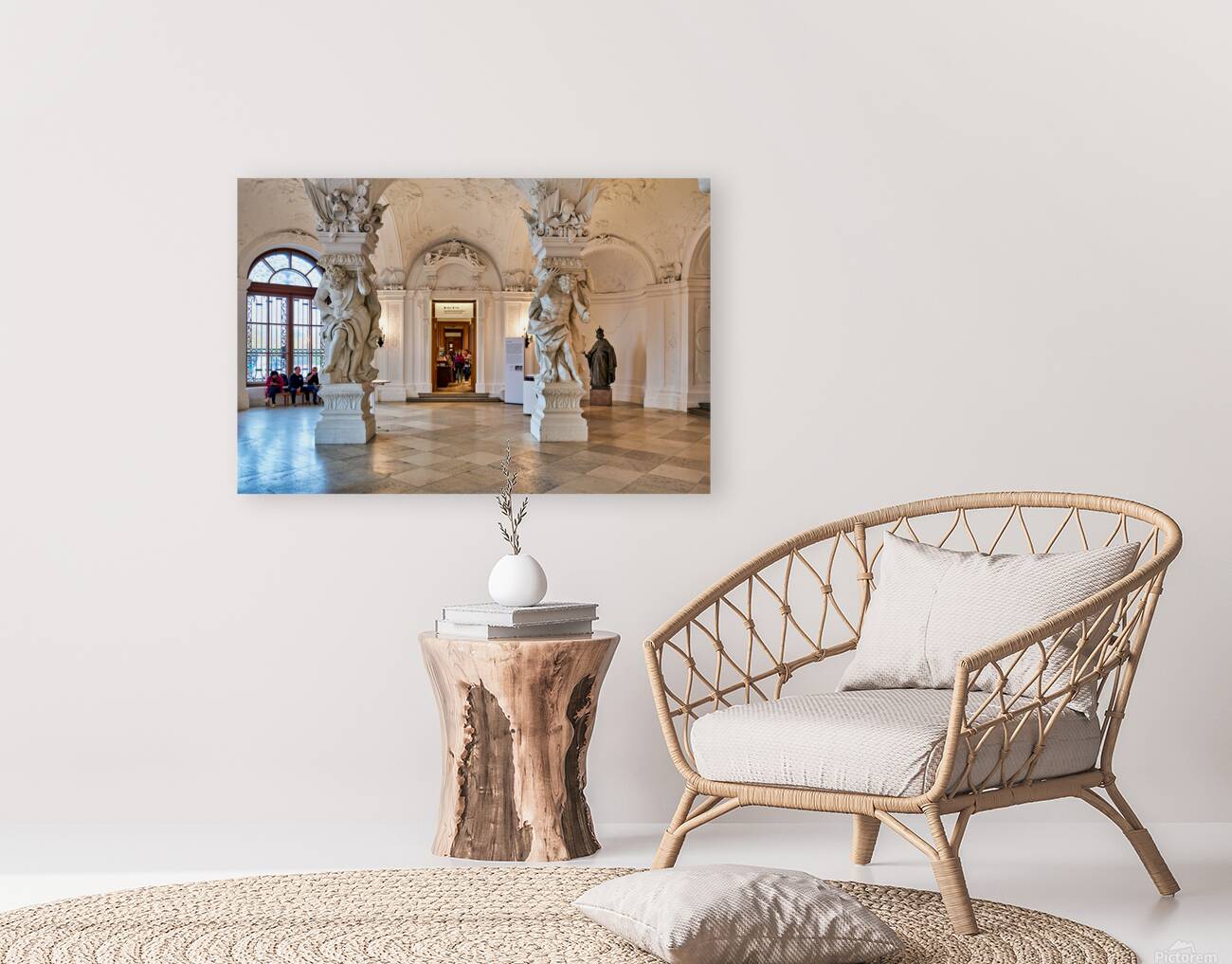 Ornate Baroque hall with sculptures and visitors. Reproduction