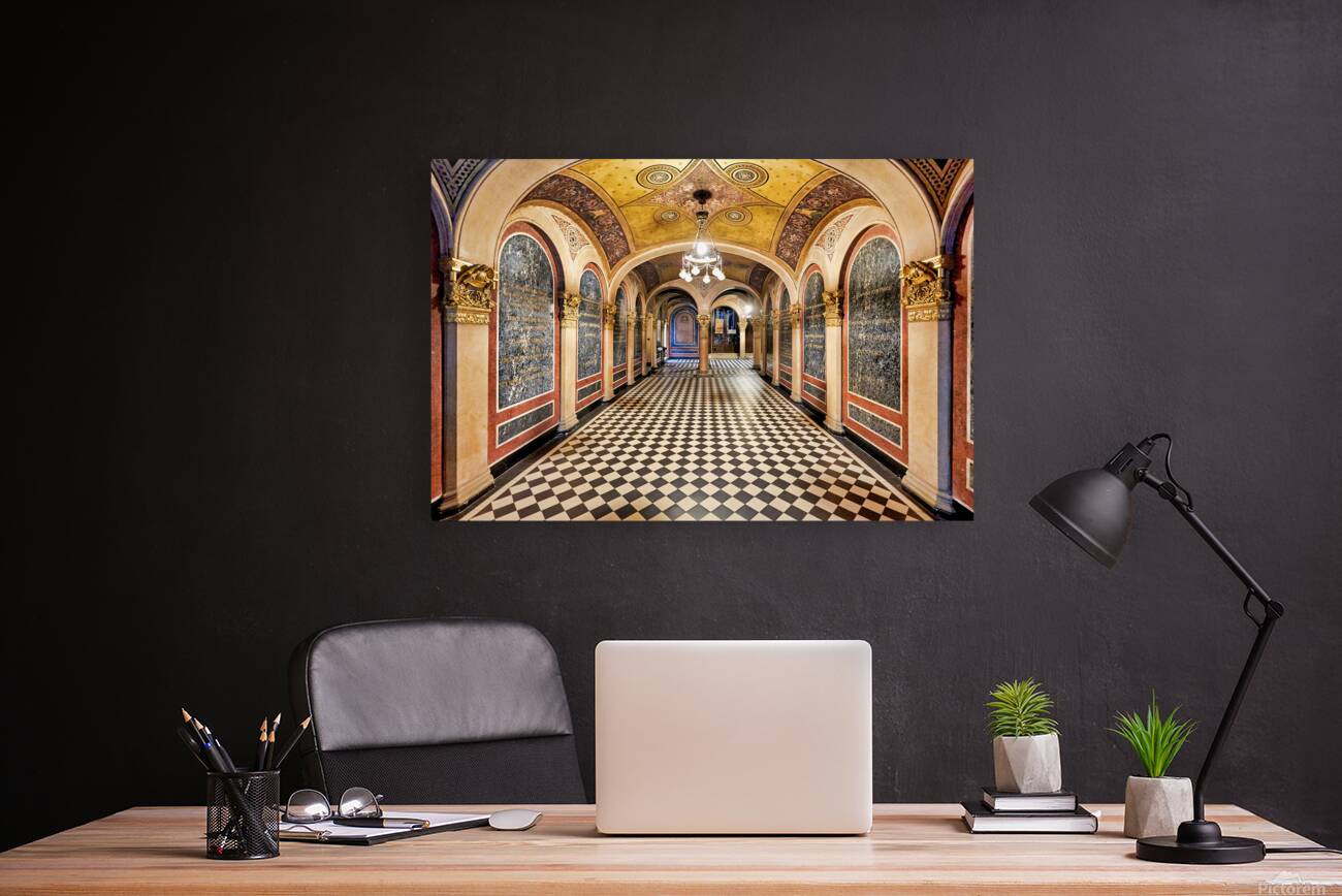 Historic church corridor with ornate arches and checkered floor. Reproduction
