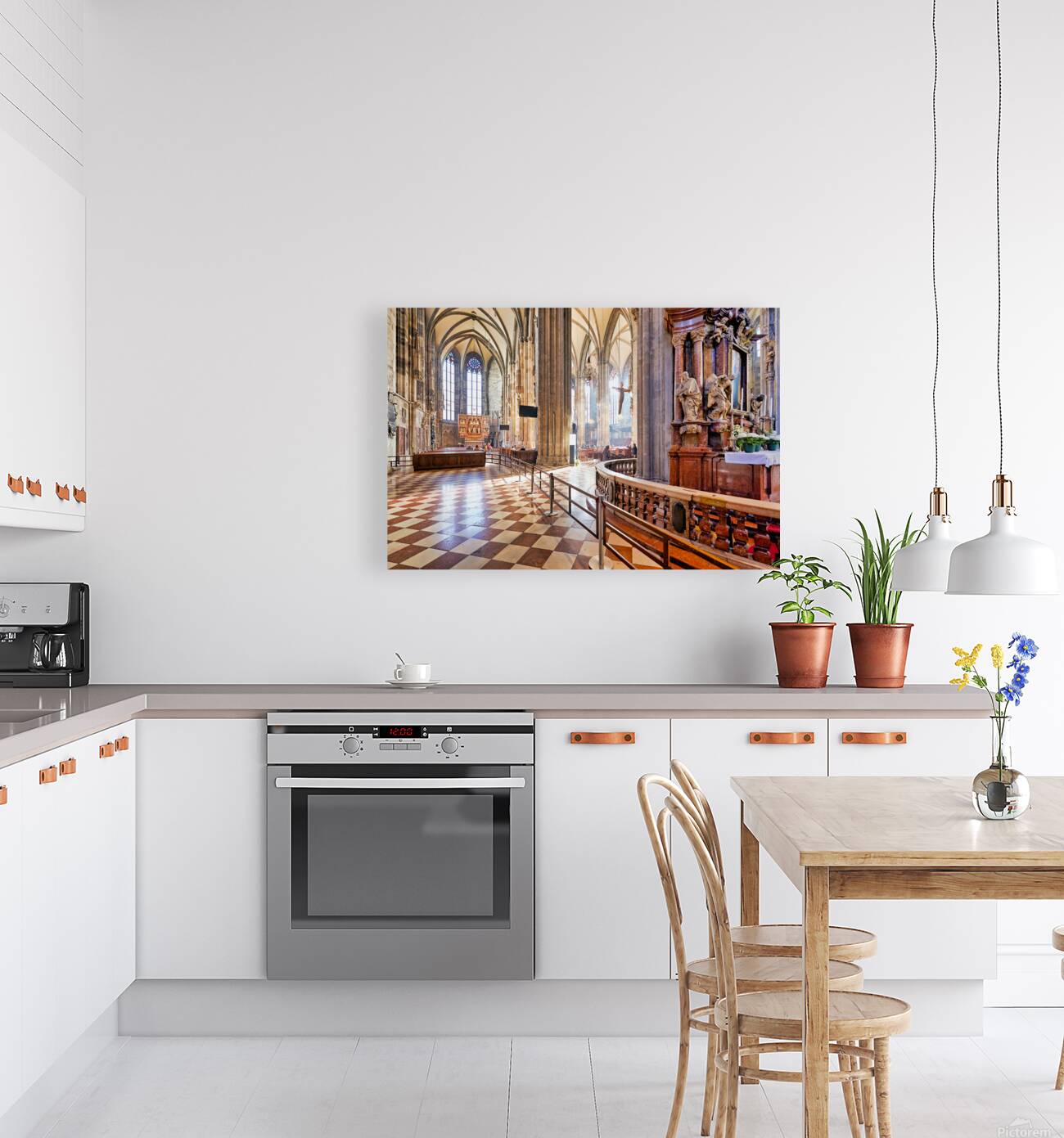 Grand cathedral interior with vaulted ceilings columns and cru Reproduction