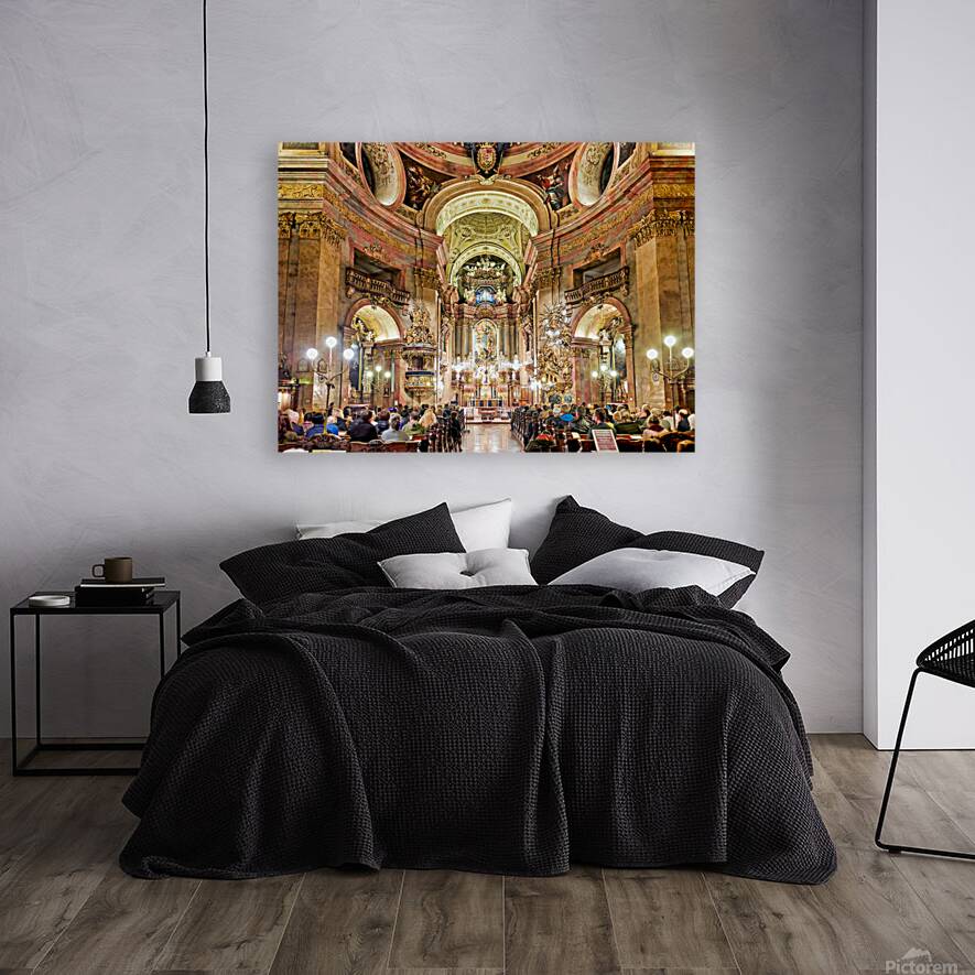People attending a Requiem service in an ornate church. Reproduction