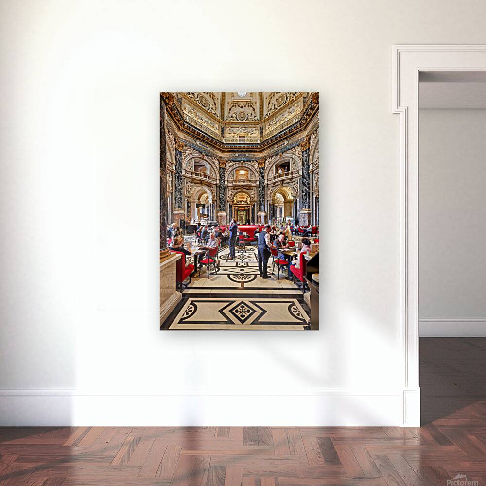 People dining in a grand ornate museum cafe. Reproduction