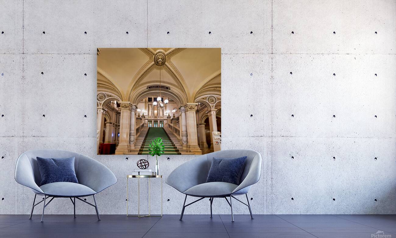 Majestic staircase with green carpet in an ornate hall. Reproduction