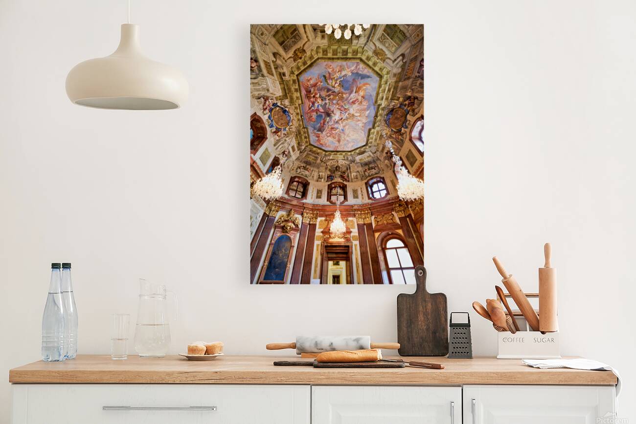 Grand baroque hall with elaborate ceiling fresco and crystal cha Reproduction