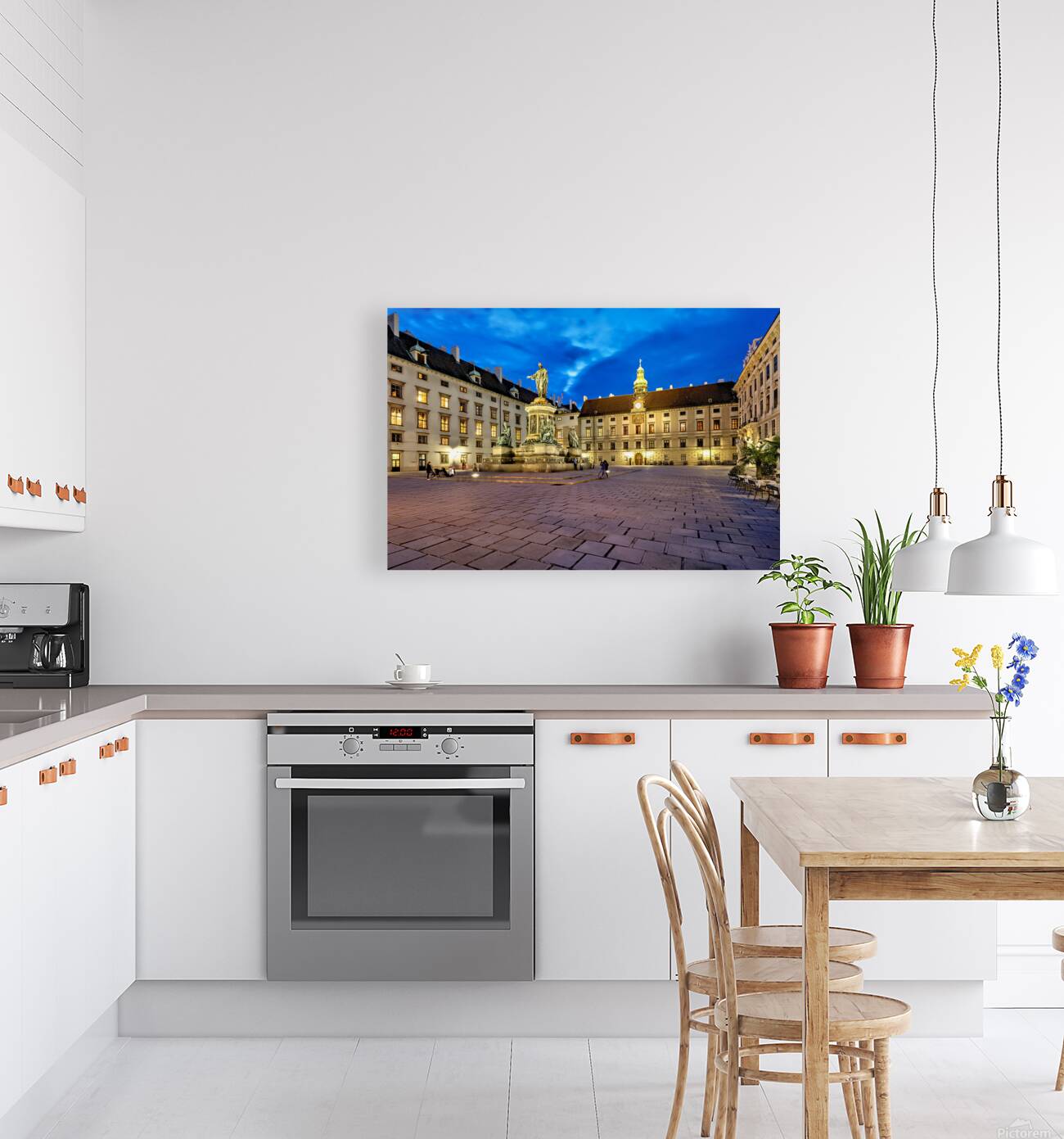 Hofburg Palace square at night with illuminated buildings and st Reproduction