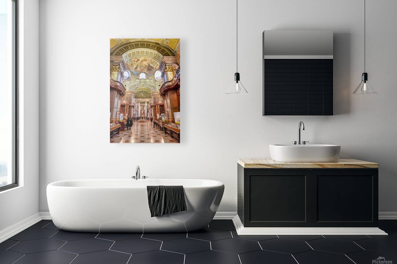 Grand historic library interior with ornate architecture and fre Reproduction