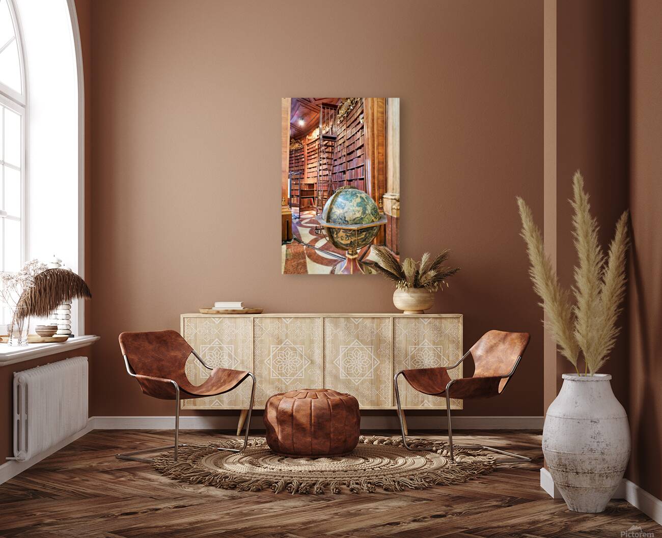 Historic library interior with globe books and rolling ladder. Reproduction