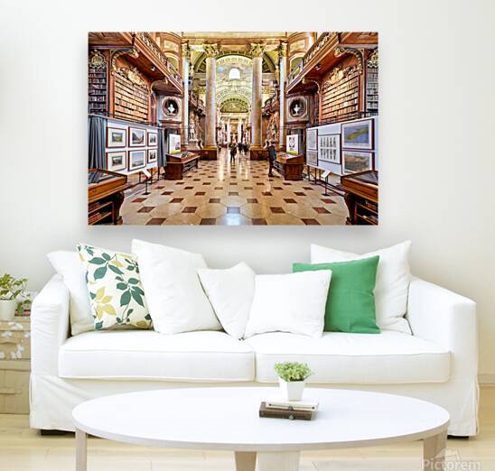 Grand ornate library interior with books columns and visitors Reproduction