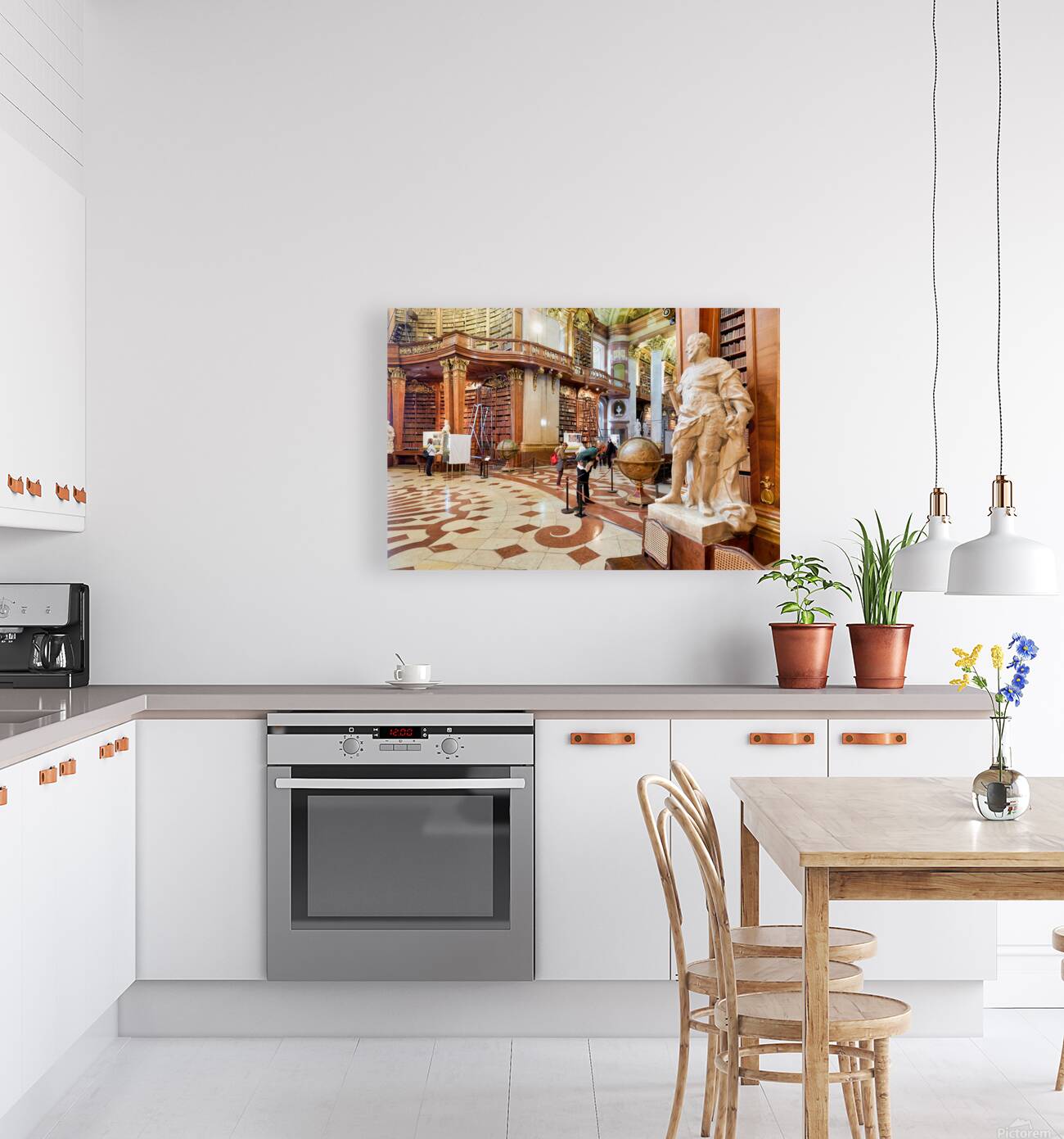 Ornate library interior with towering bookshelves statues glob Reproduction