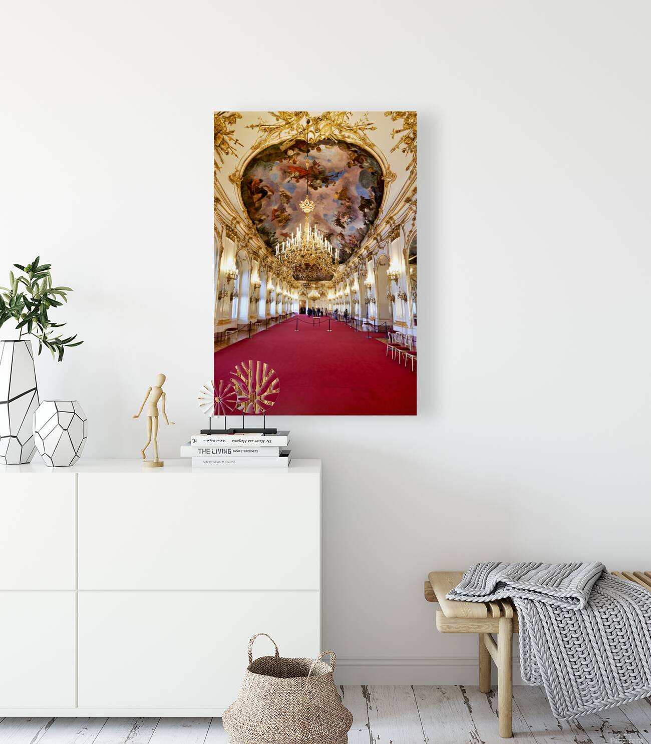 Ornate palace hall with chandeliers painted ceiling and red ca Reproduction