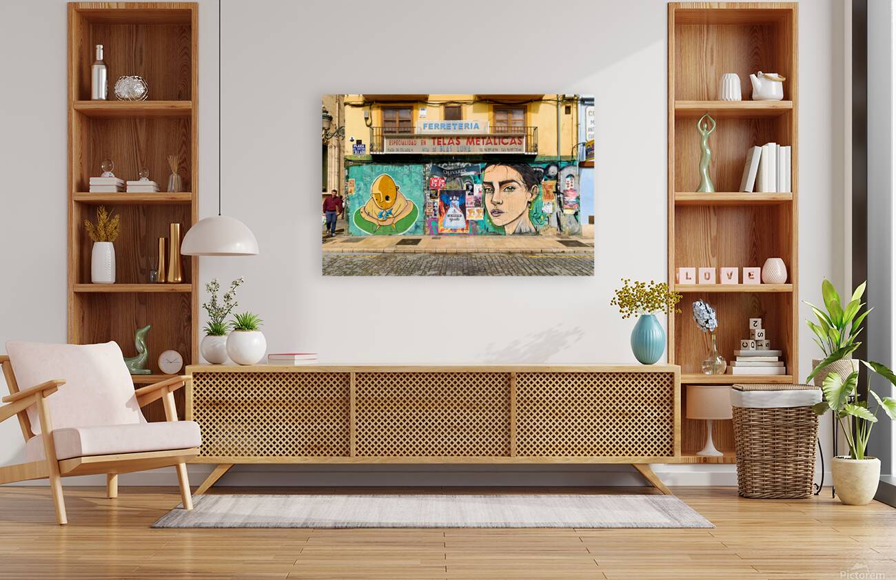 Valencia street art features murals and colorful buildings in Sp Reproduction