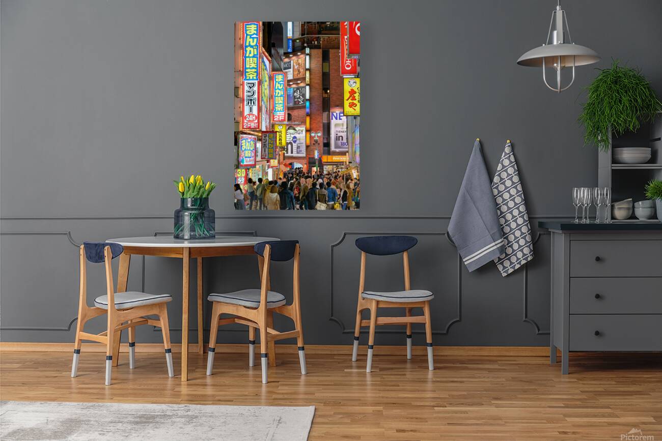 Nighttime crowd under neon lights in Shibuya district in Tokyo Reproduction