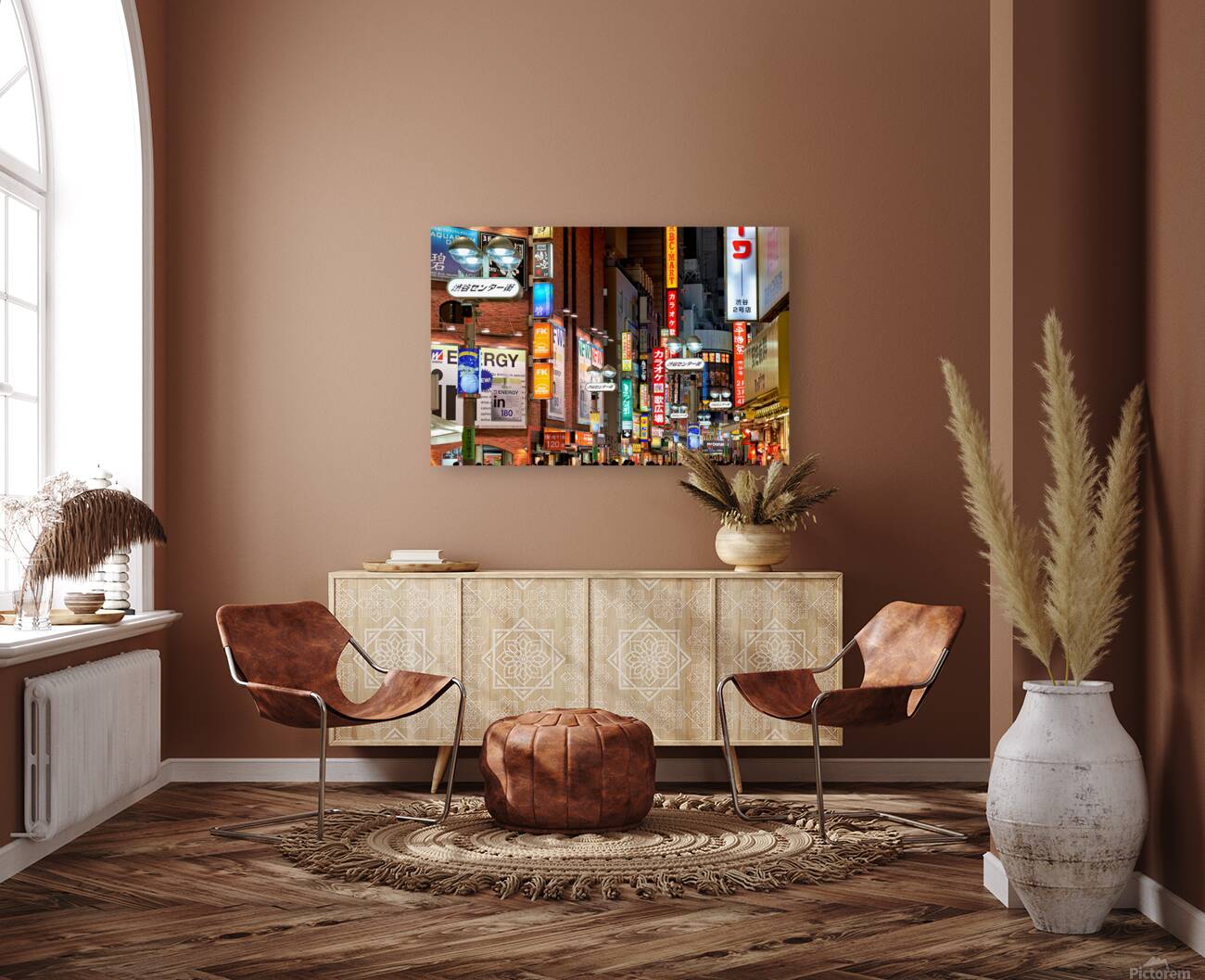 Neon lights shine bright in Shibuya district at night in Tokyo Reproduction