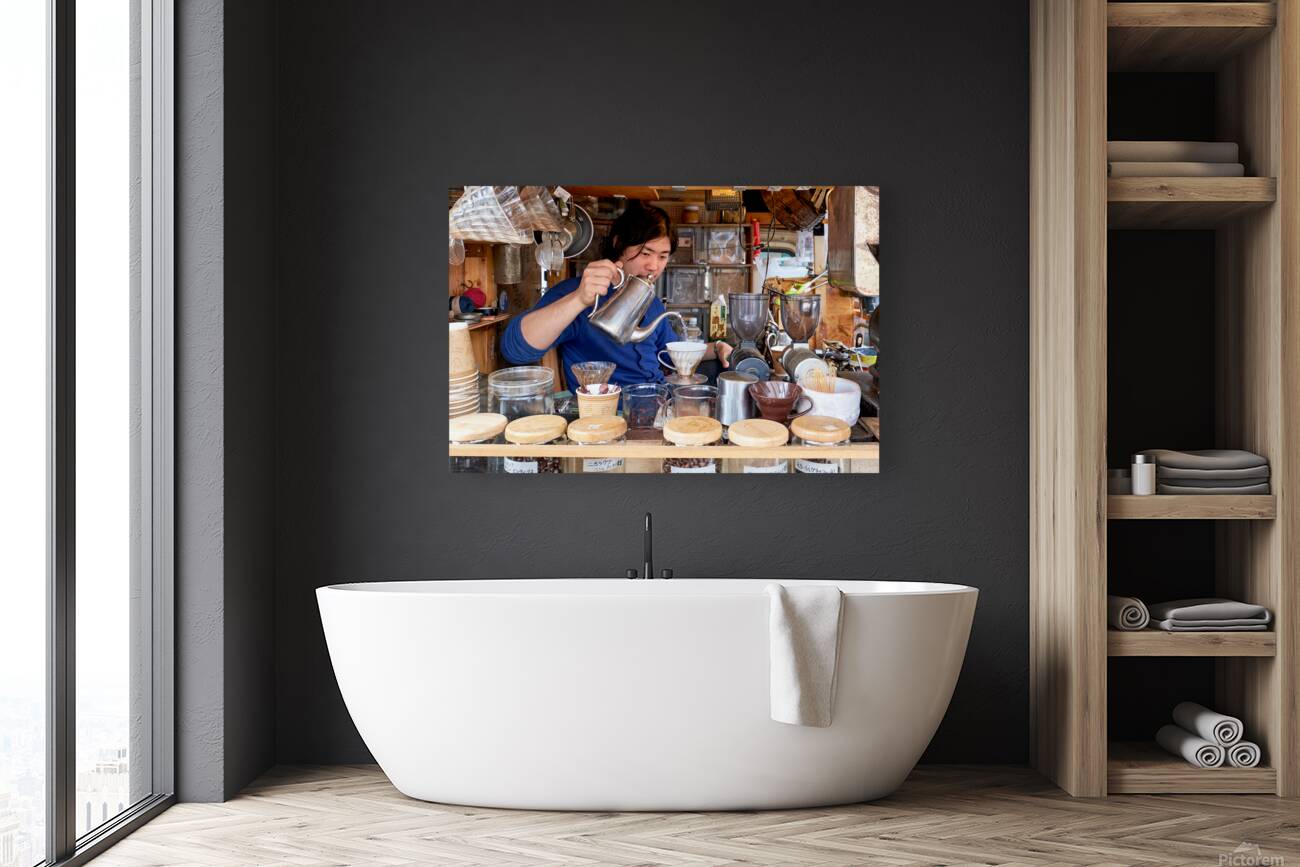 Street stall in Tokyo serving coffee and tea to customers Reproduction