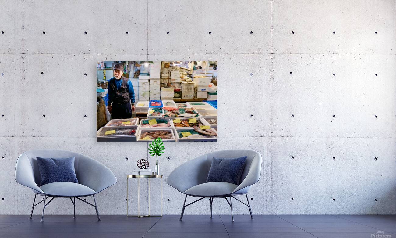 Fish market in Tokyo shows variety of seafood and local seller Reproduction