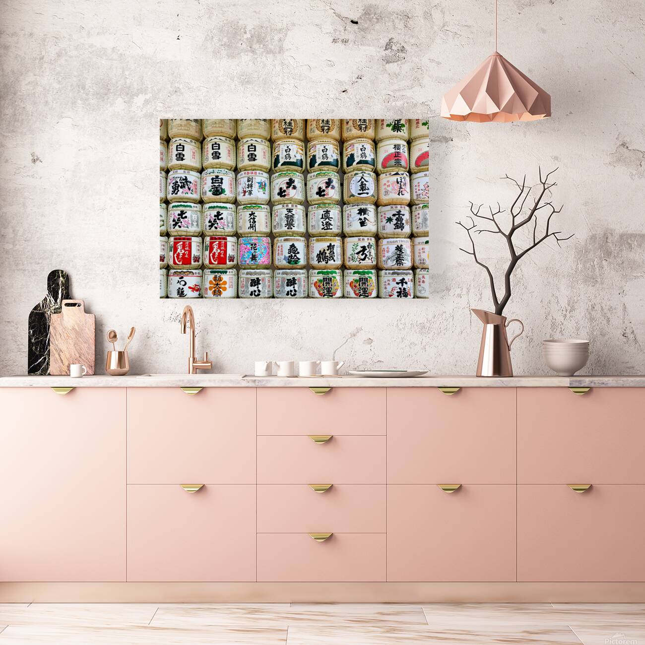 Sake barrels lined up at Meiji Jingu in Tokyo Japan Reproduction