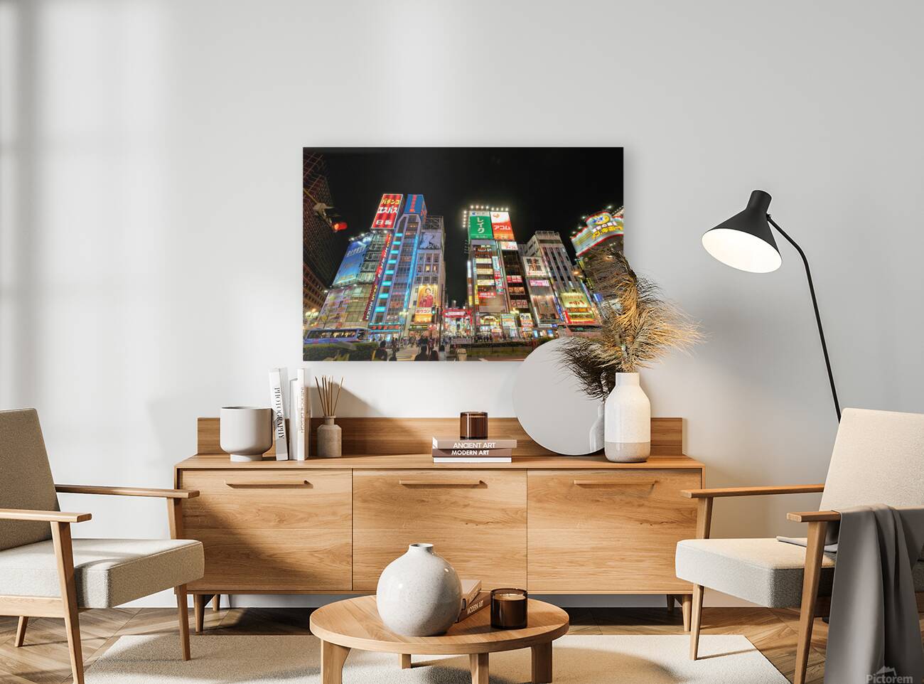 Neon lights shine bright in Shinjuku district of Tokyo at night Reproduction