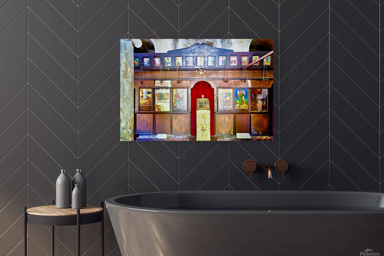 Old church interior with icons and altar in quiet setting Reproduction