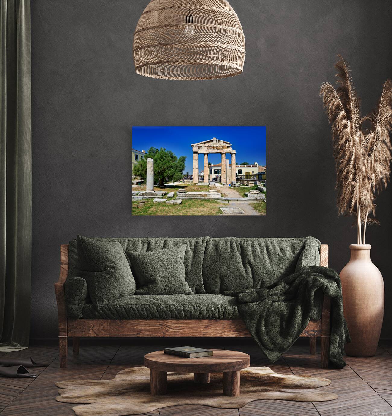 Roman Agora site shows ancient columns and ruins in Athens Greec Reproduction