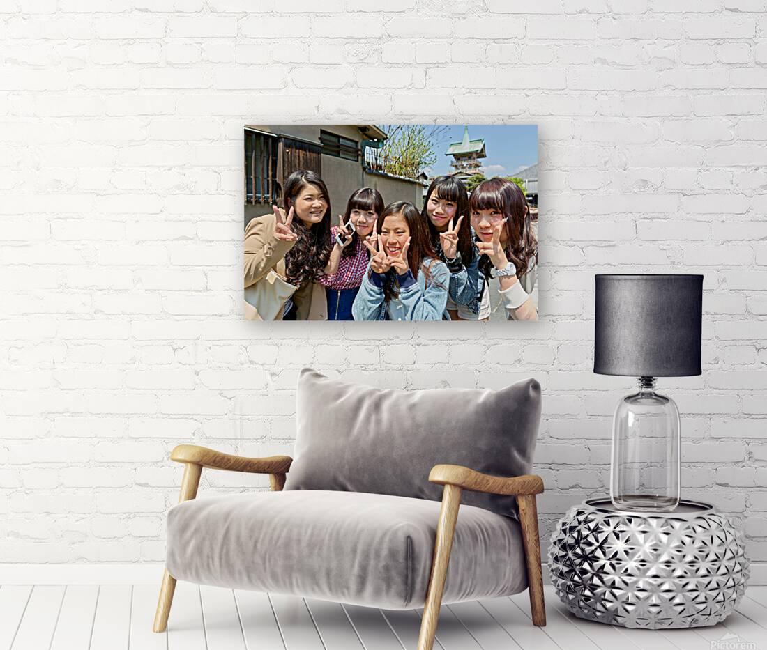 Young girls smiling in Kyoto while enjoying the day together Reproduction