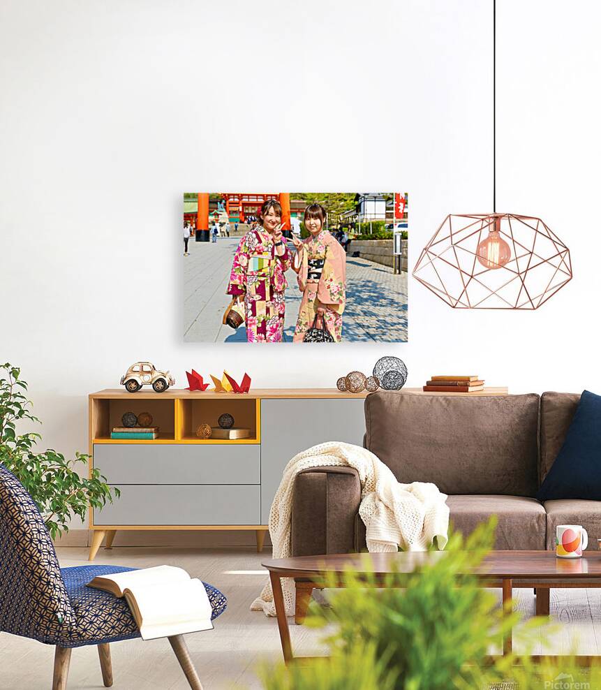 Young women enjoy Fushimi Inari Taisha Shrine in Kyoto Japan Reproduction