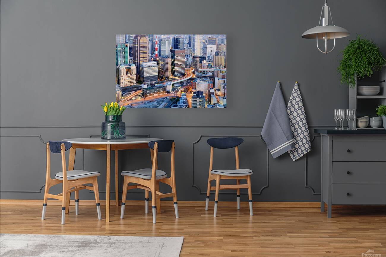 Osaka financial district at dusk with city lights and busy stree Reproduction