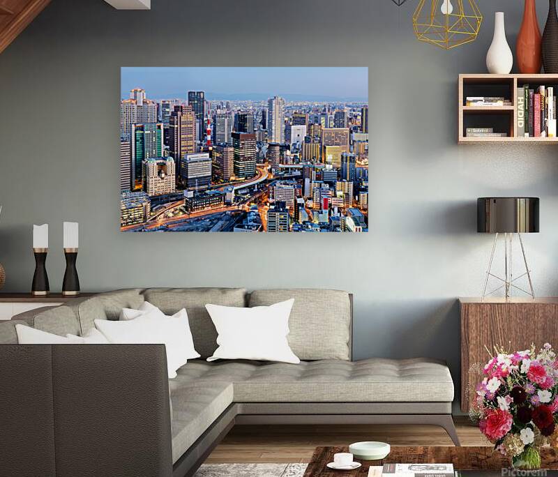 Osaka business district at dusk with city lights and buildings Reproduction