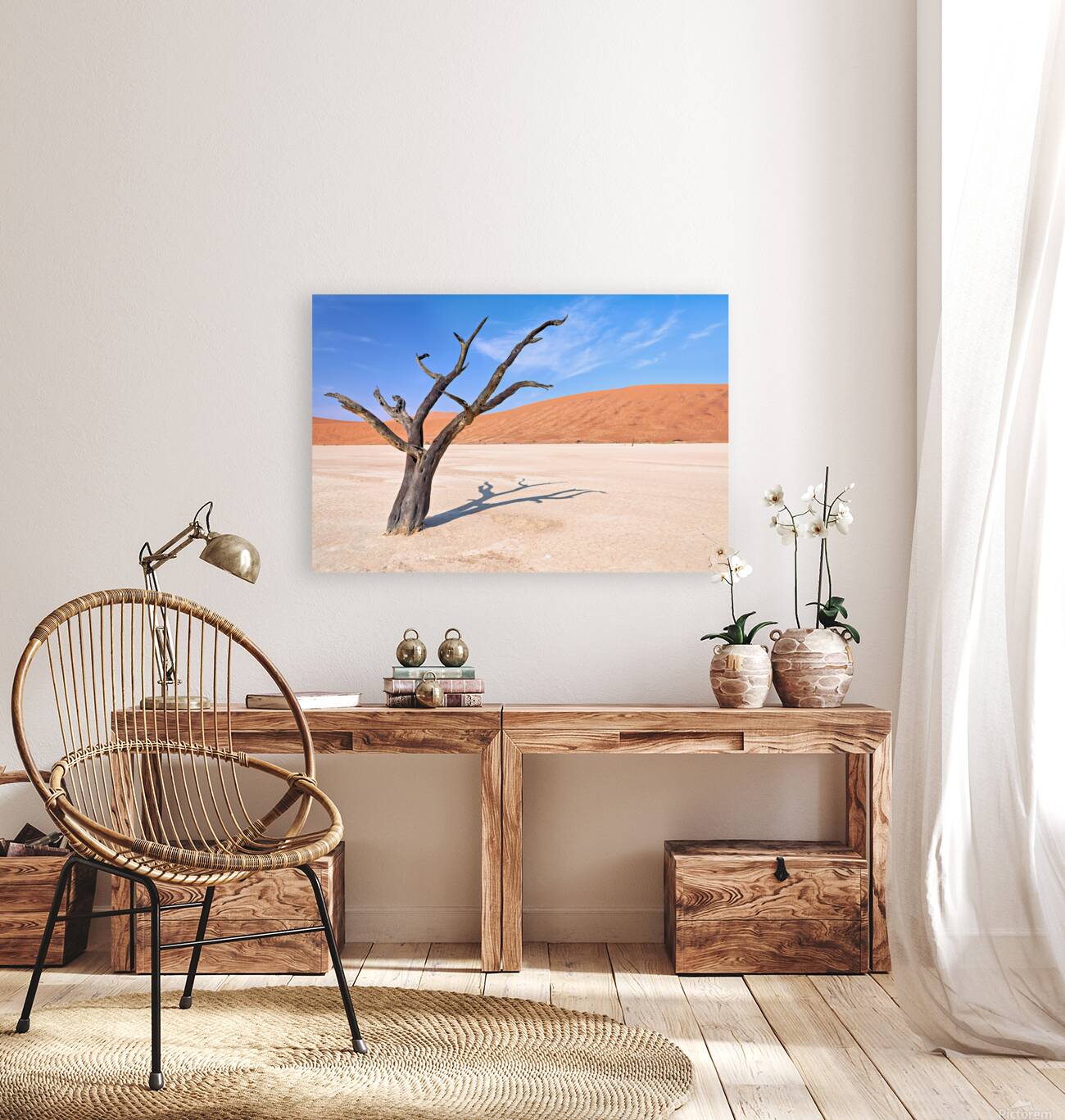 Dry camel thorn tree in Deadvlei clay pan of Namibia Reproduction