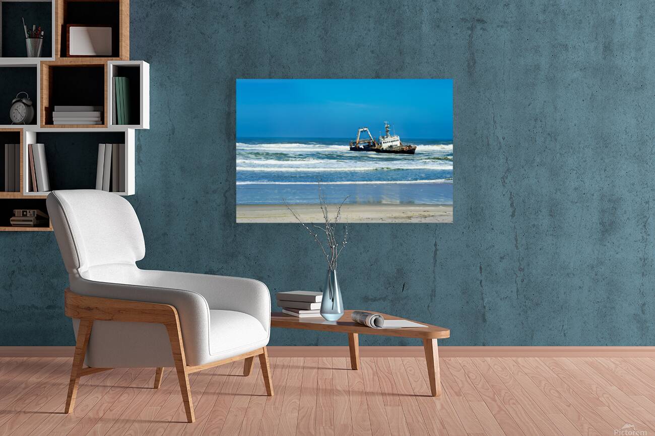Shipwreck on the Skeleton Coast of Namibia under clear blue sky Reproduction