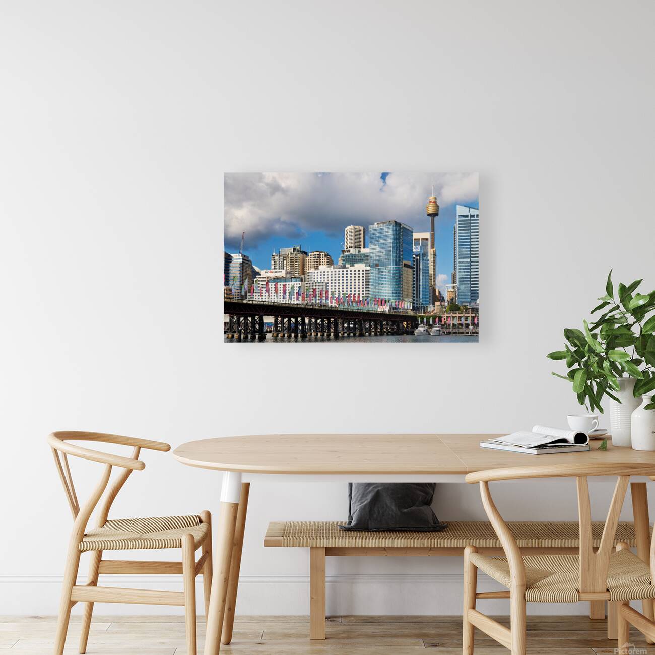 Sydney Harbour skyline with bridge and flags. Reproduction