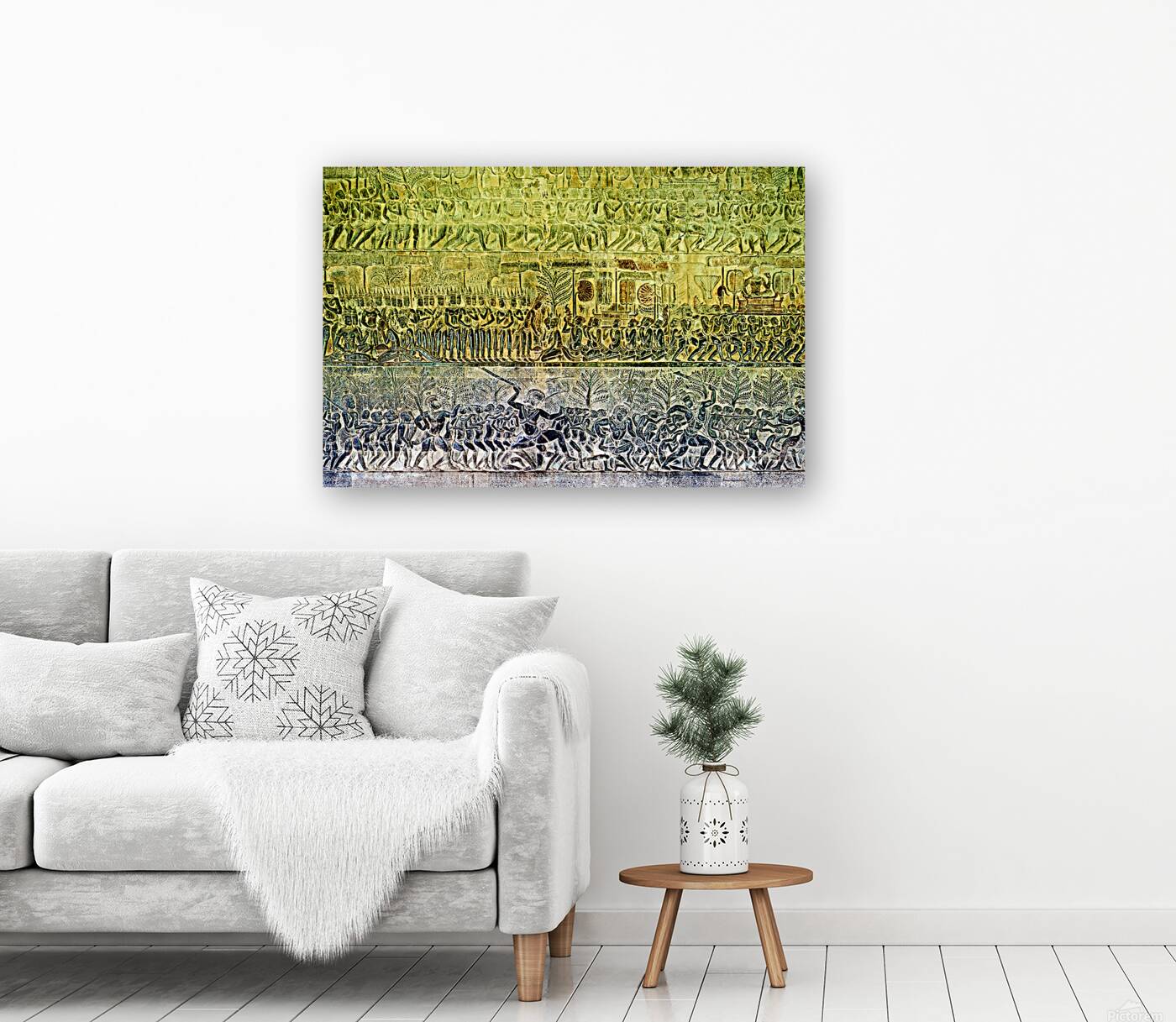 Ancient bas reliefs depicting processions deities and battles. Reproduction