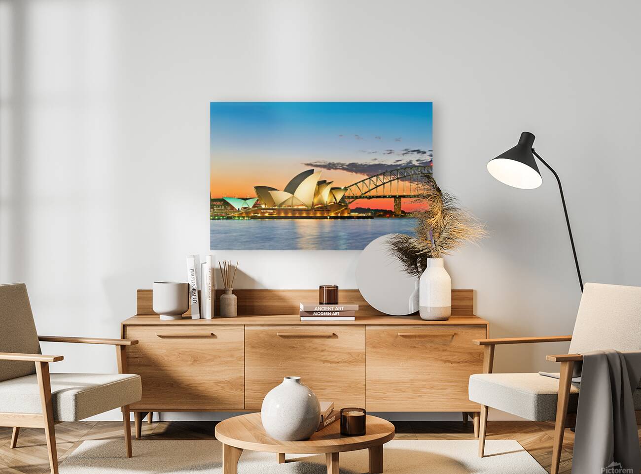 Sydney Opera House and Harbour Bridge at sunset. Reproduction