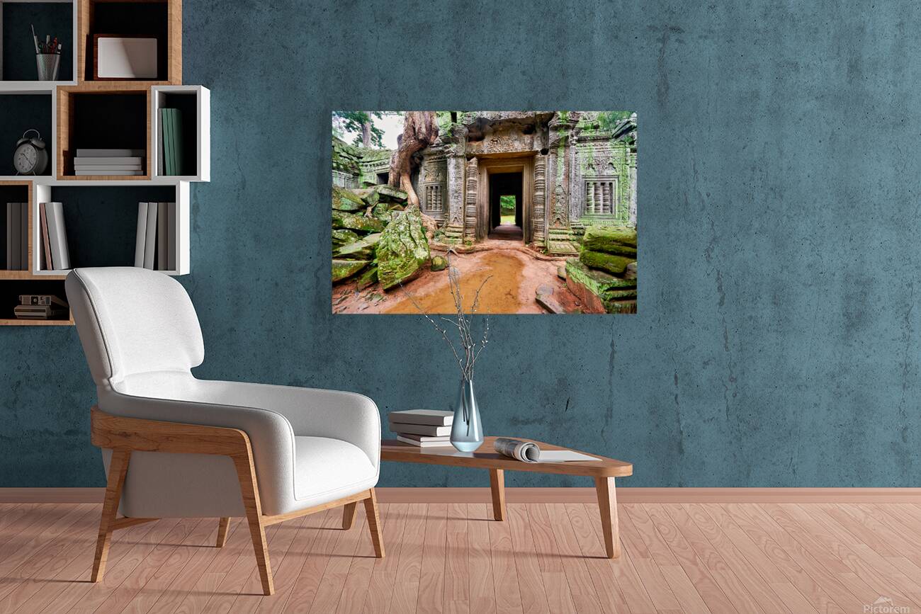 Ancient temple ruins overgrown by trees and moss. Reproduction