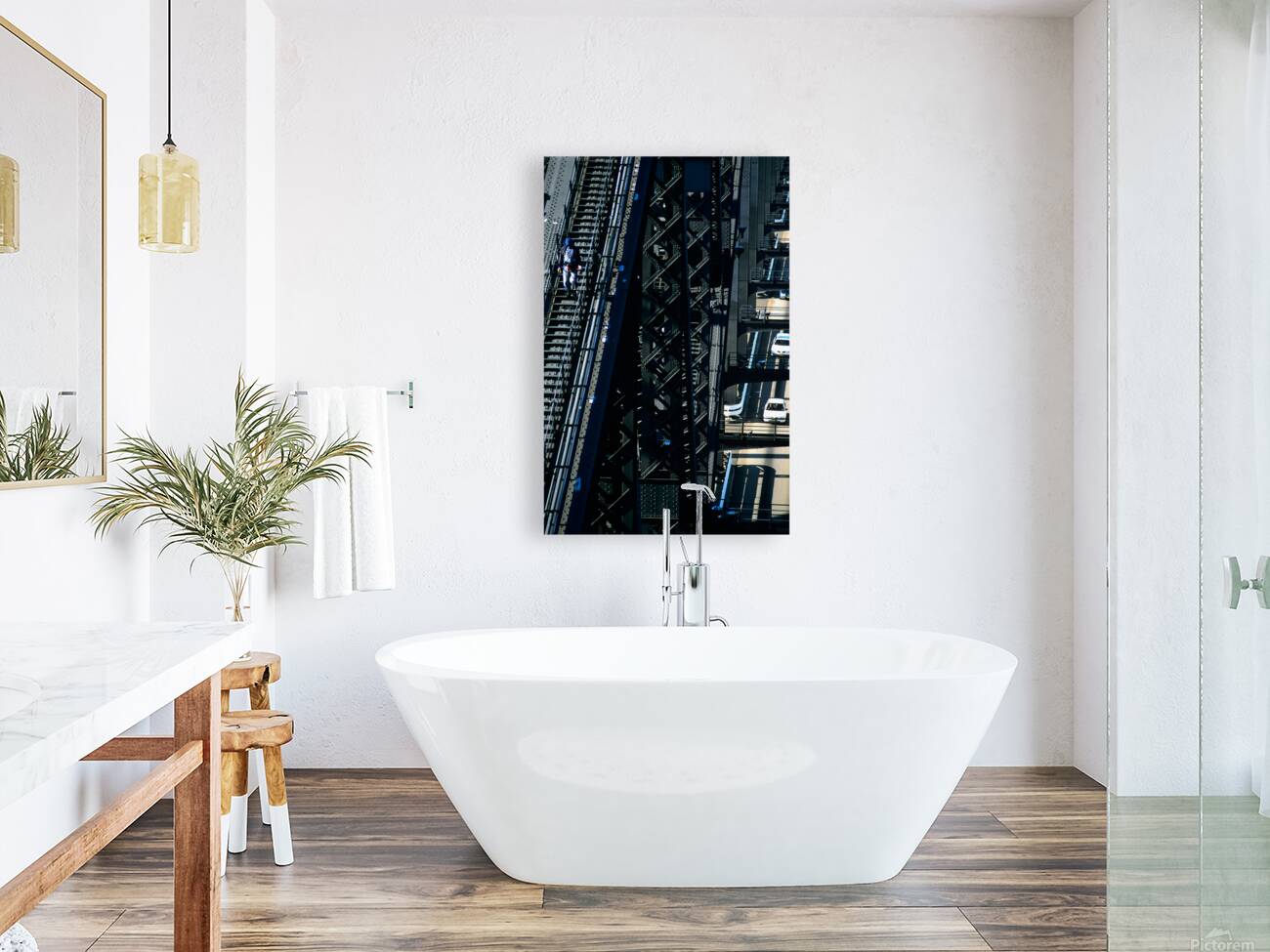 Man walks on bridge with cars below Reproduction