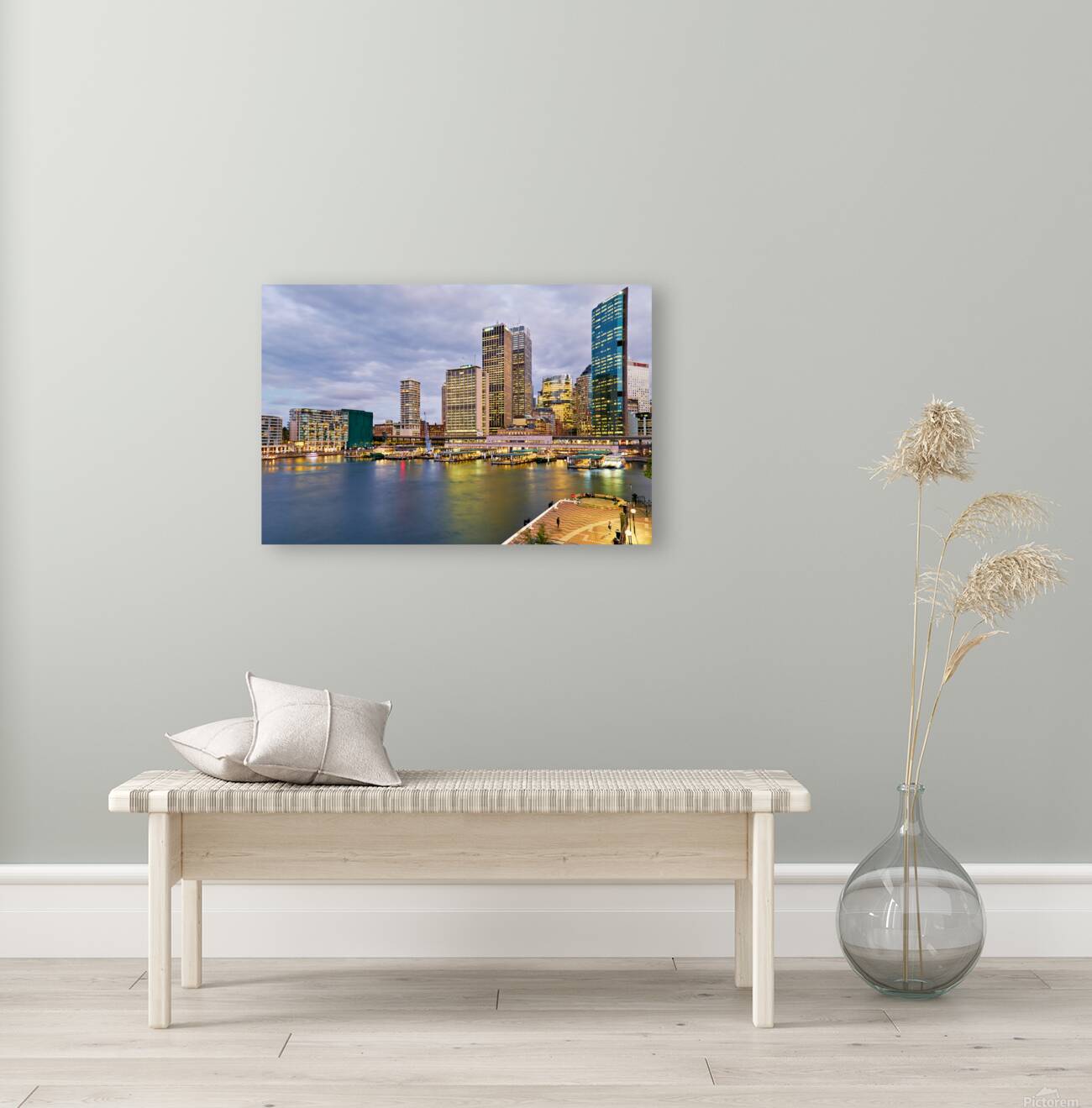 Sydney Harbour at dusk with ferries and city skyline. Reproduction