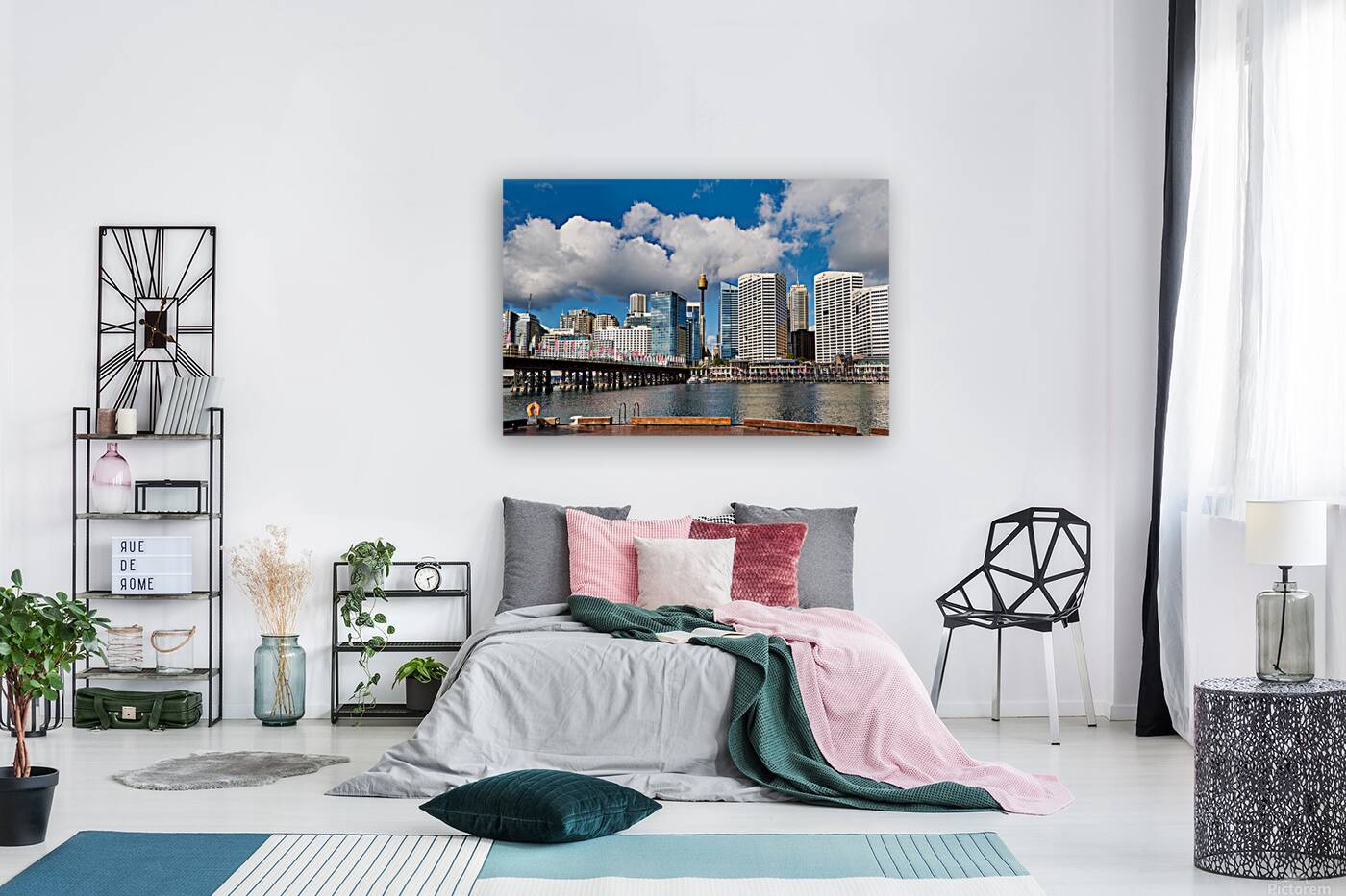 Sydney Harbour skyline with bridge and buildings under clouds. Reproduction