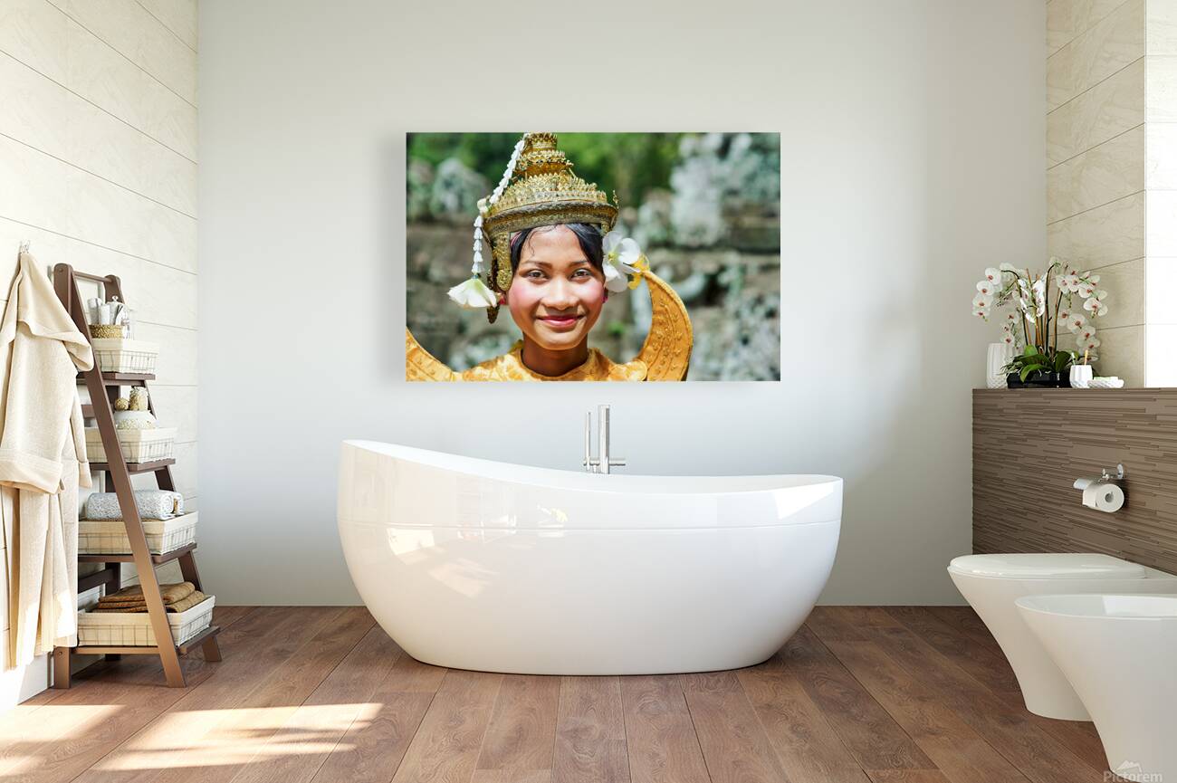 Smiling Cambodian dancer in traditional golden costume and crown Reproduction