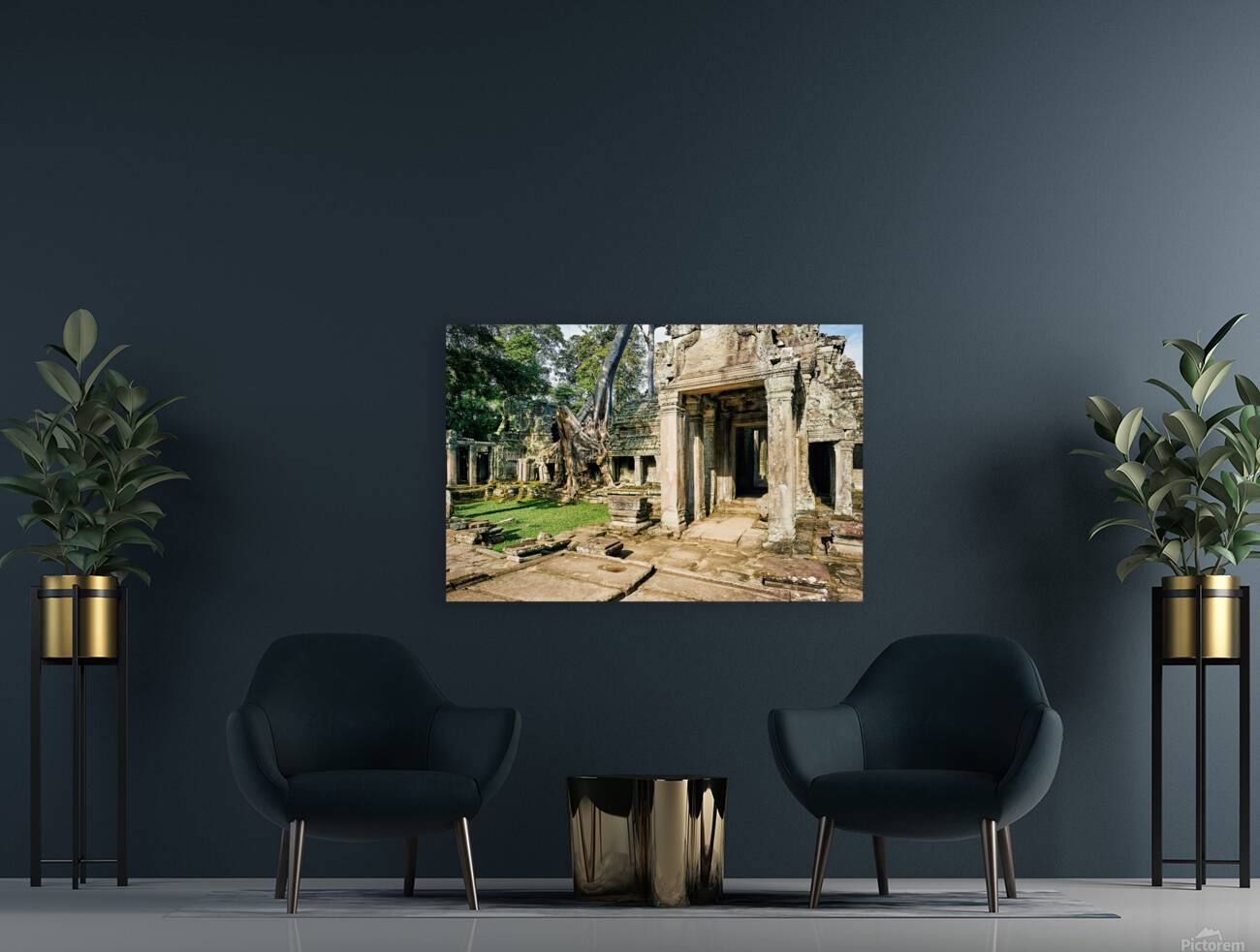 Ancient temple ruins overgrown by massive tree roots. Reproduction