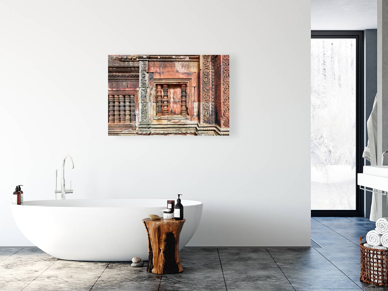 Ancient temple wall with intricate reddish stone carvings and co Reproduction