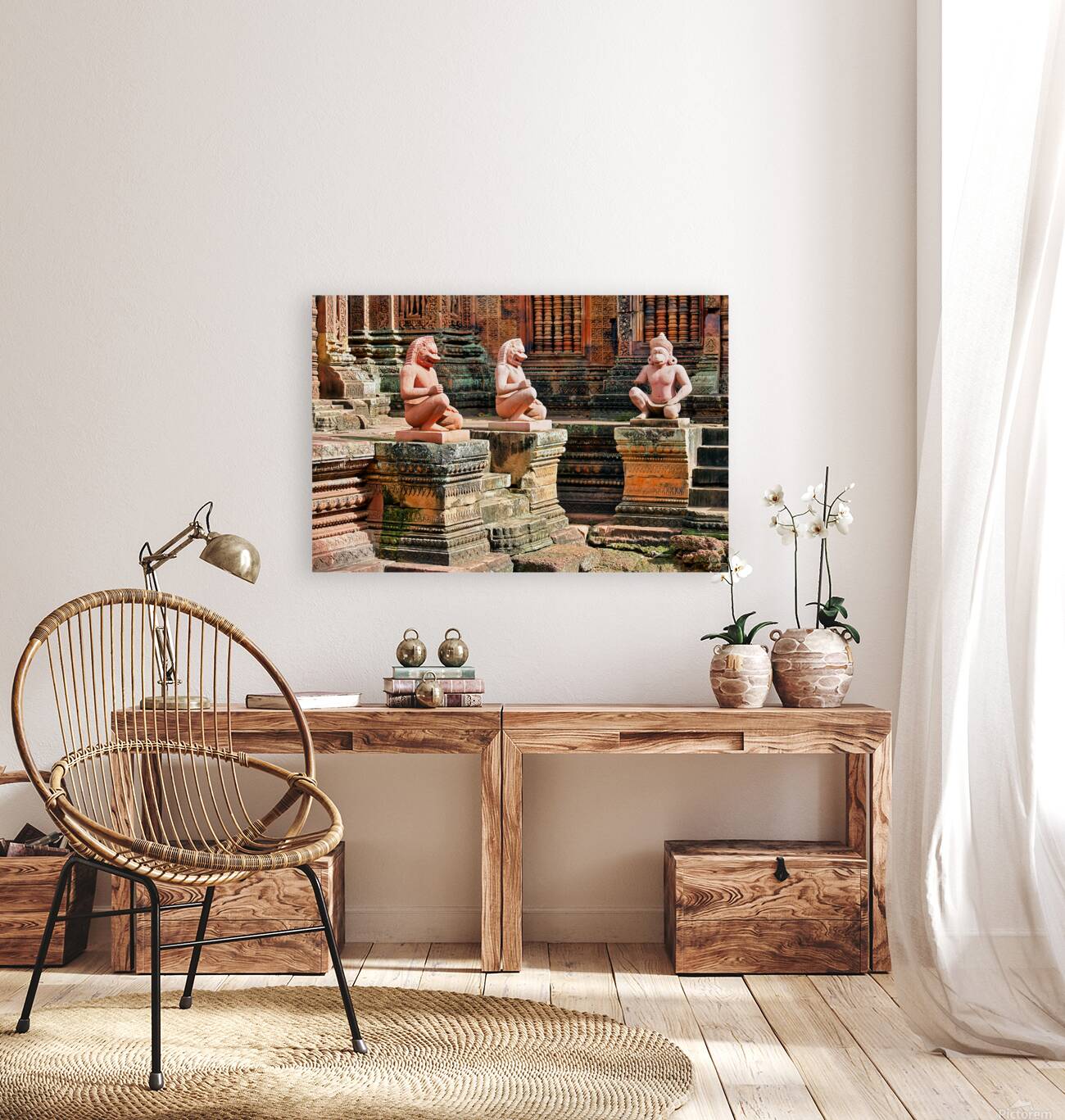 Ancient temple with guardian statues and ornate carvings. Reproduction