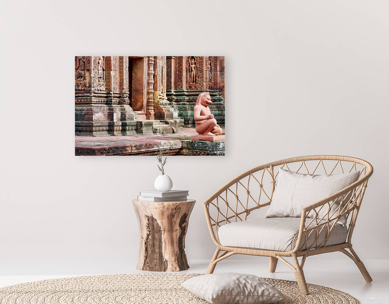 Ancient Cambodian temple with intricate carvings and guardian st Reproduction