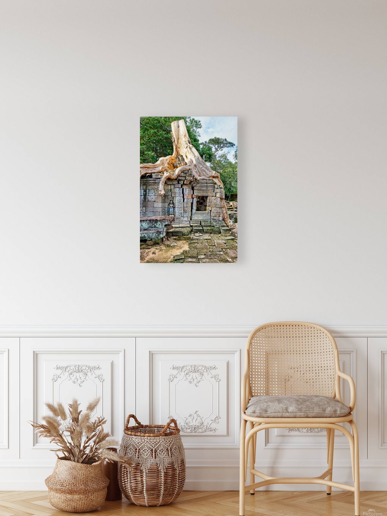 Tree roots engulf ancient temple ruins. Reproduction