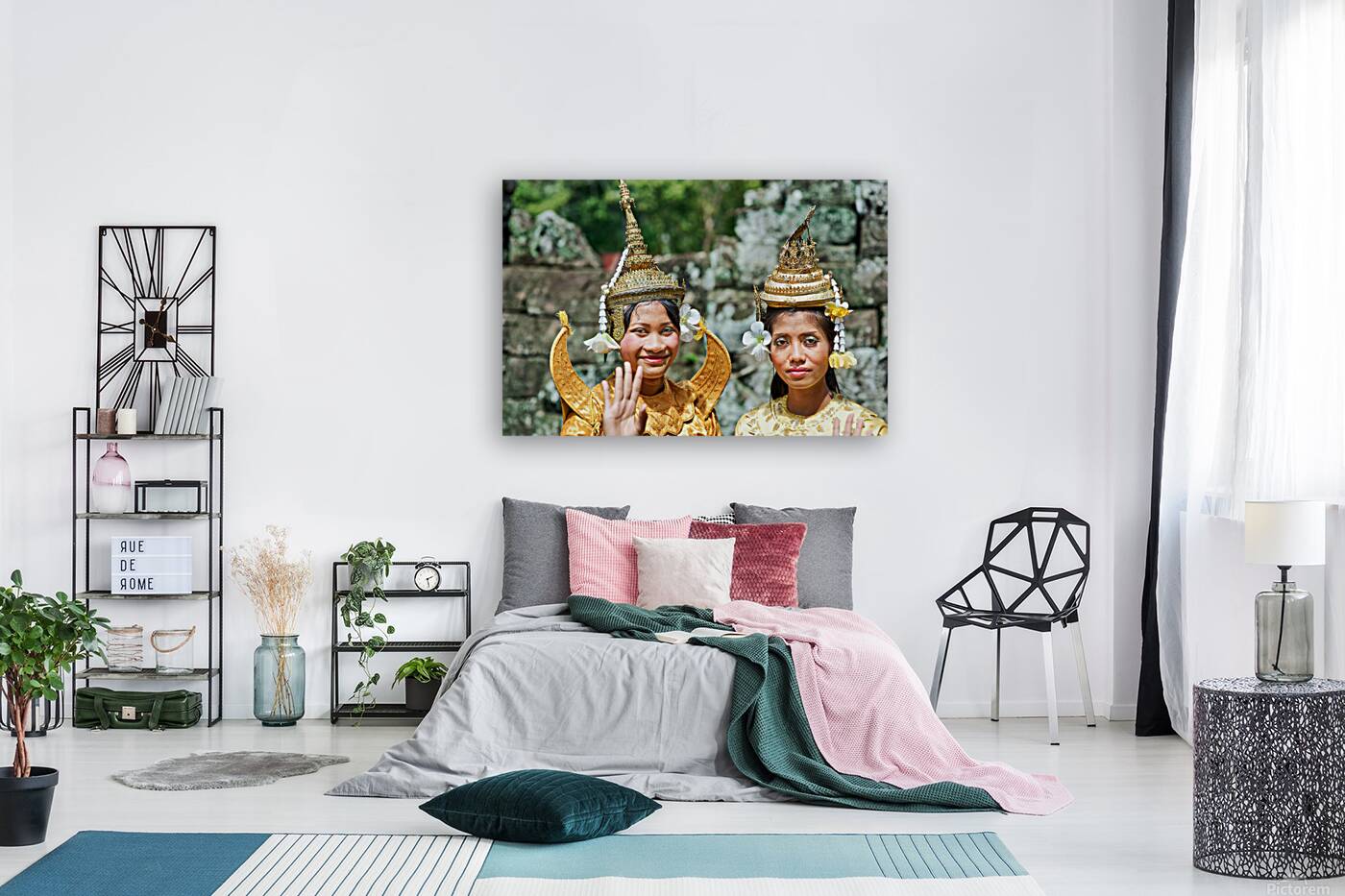 Cambodian dancers in golden attire and elaborate headwear. Reproduction
