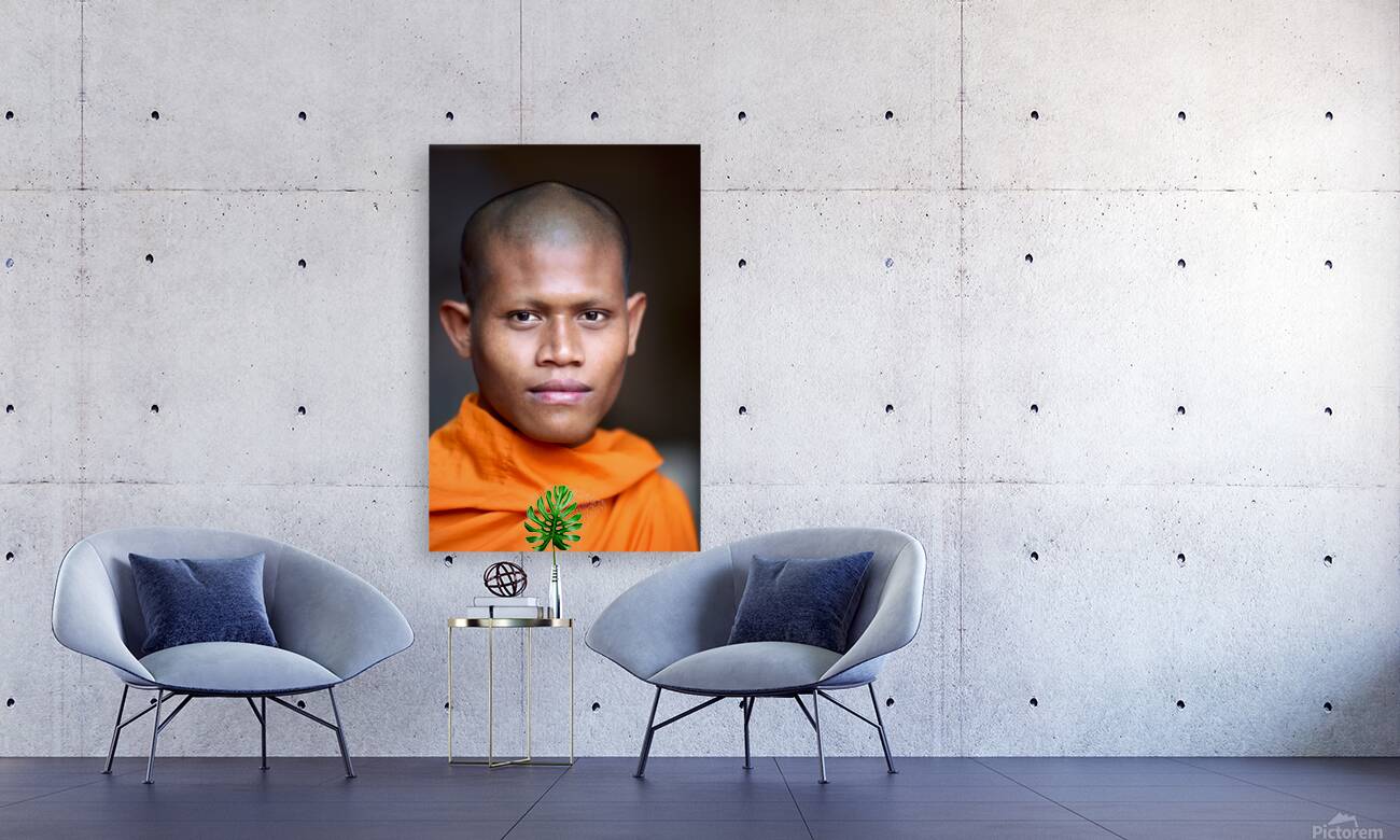 Young Buddhist monk in orange robe close up portrait. Reproduction