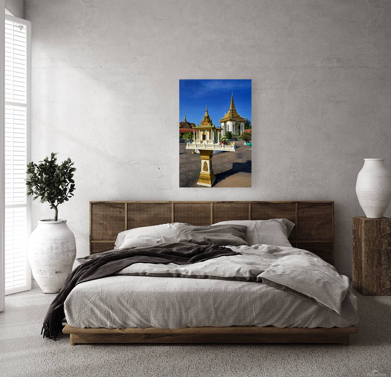 Golden shrine and temple buildings in Cambodia under blue sky. Reproduction