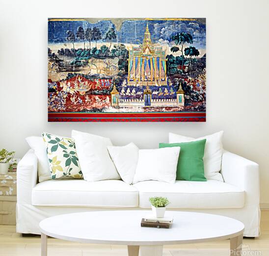 Ancient mural depicting temple figures and scenes of life. Reproduction