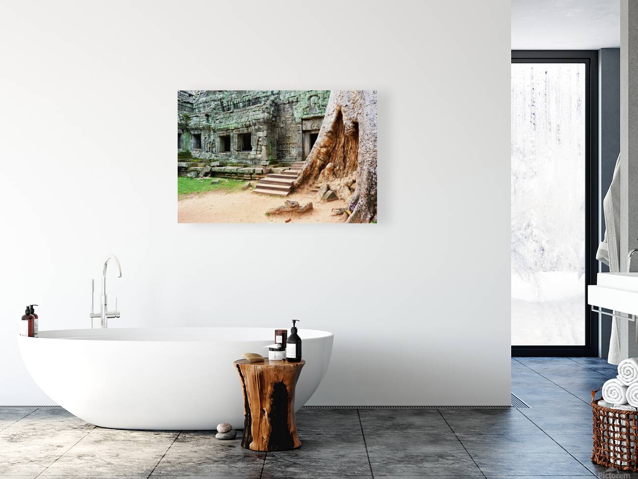 Ancient temple ruins intertwined with giant tree. Reproduction