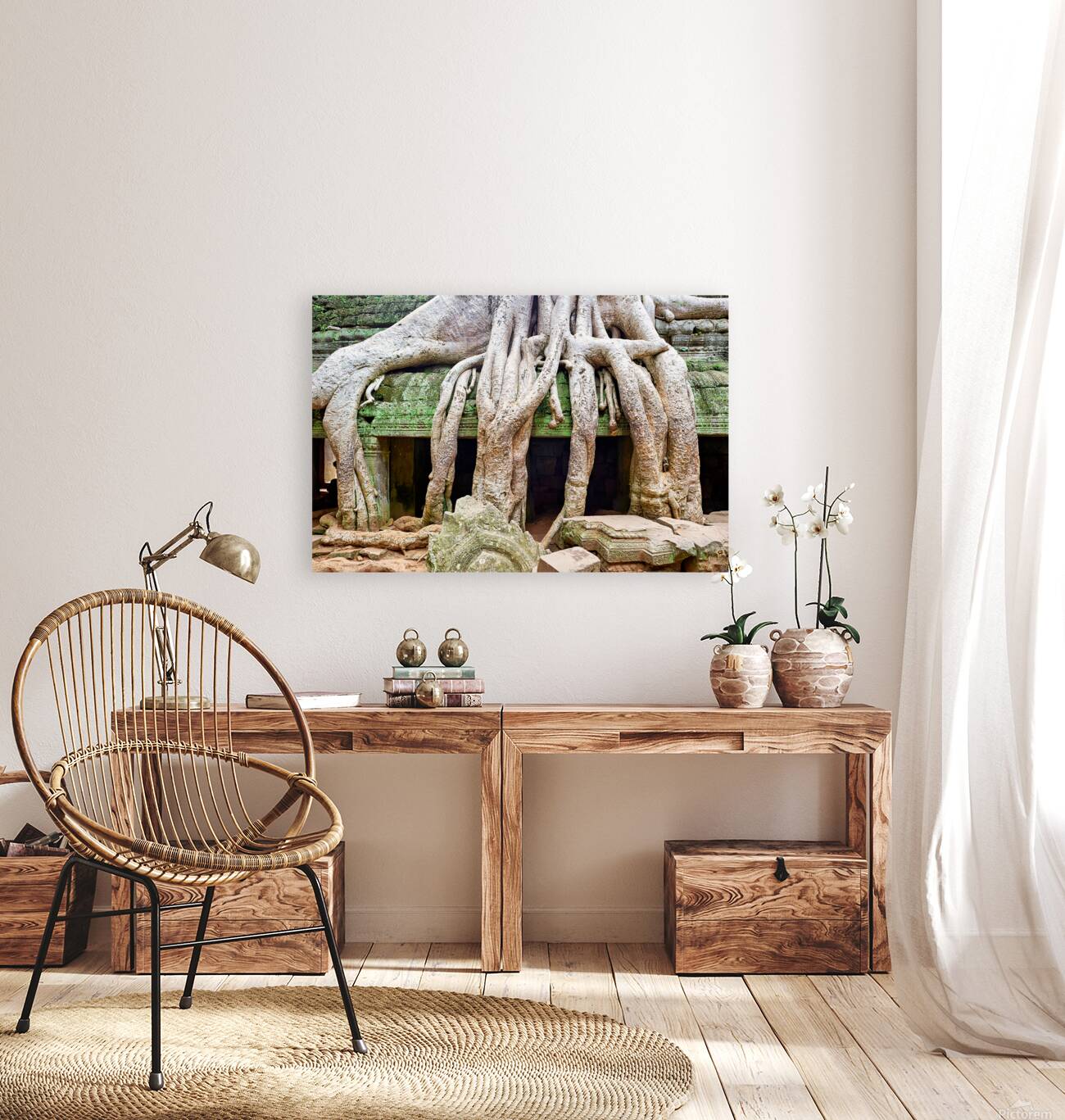 Massive tree roots dominate ancient mossy temple structure. Reproduction