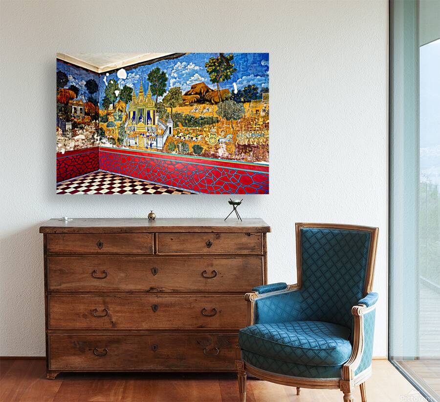 Vibrant aged mural depicting traditional temple scenes with peo Reproduction