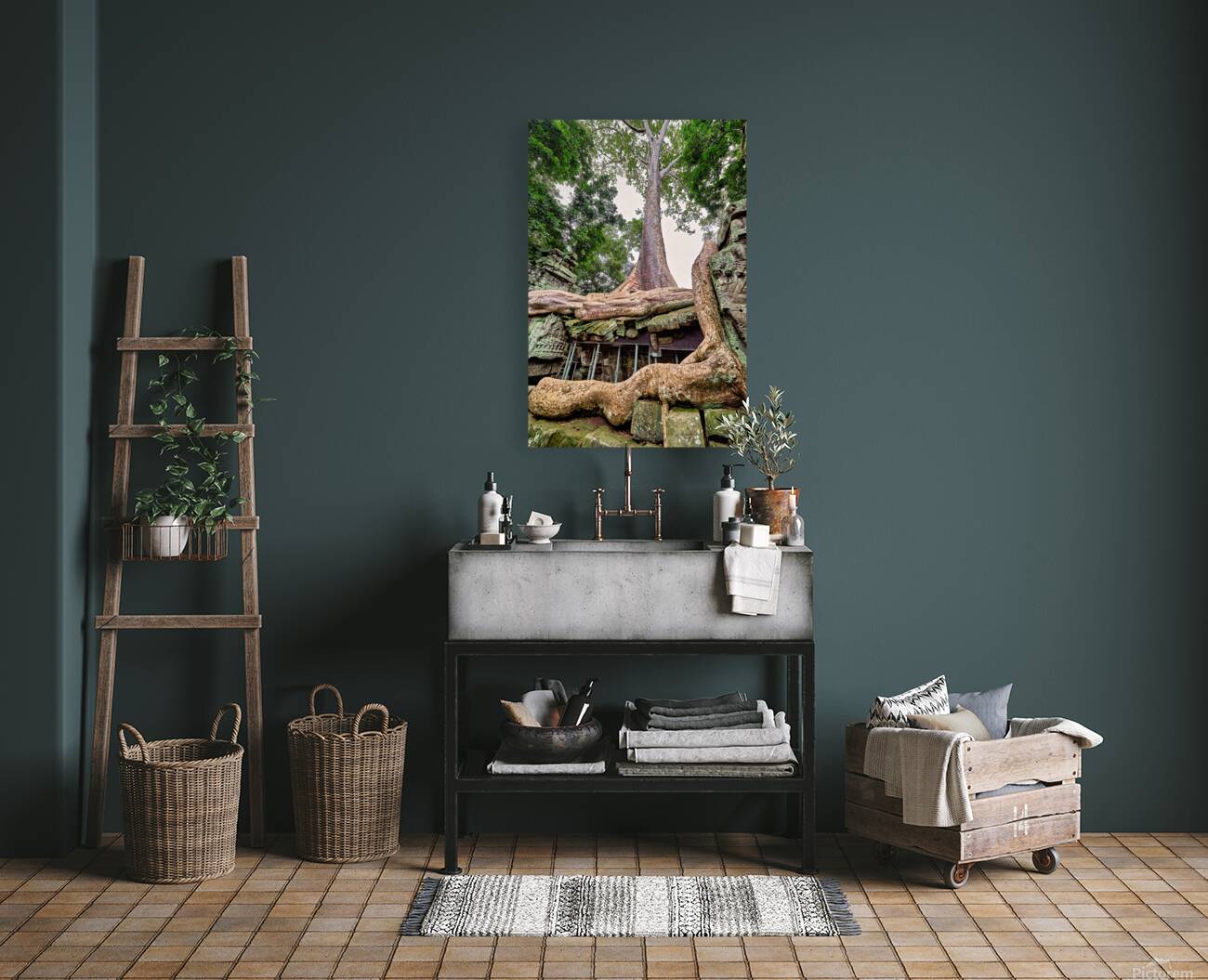 Giant tree roots engulf ancient temple ruins. Reproduction