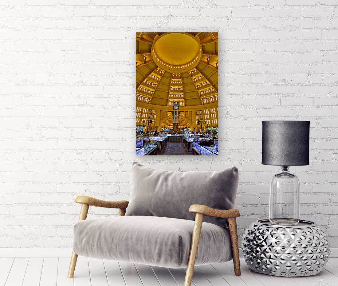 Grand domed market interior with central clock and bustling stal Reproduction